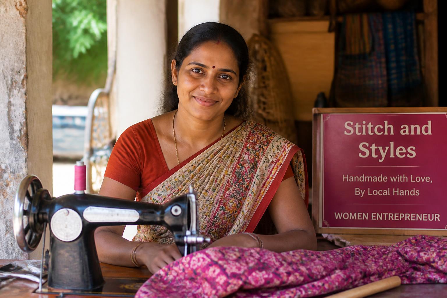 A woman entrepreneur at her tailoring enterprise in rural Kerala